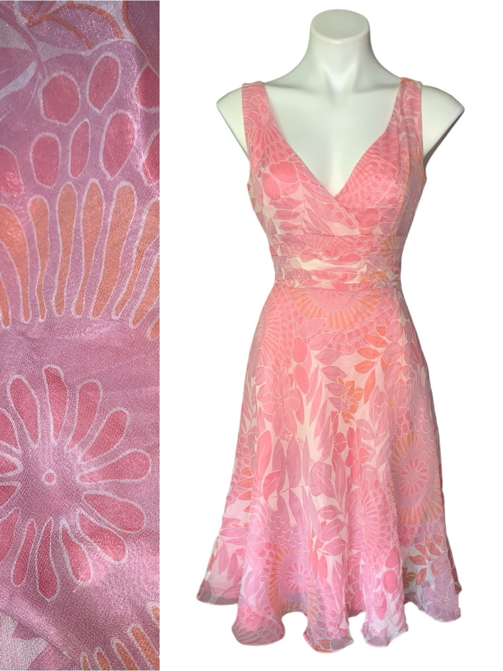 Maggy London 100% Silk Pink & Peach Floral V-Neck Midi Dress